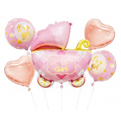 GoDan Balony foliowe na Baby Shower 5szt Wózek Różowy