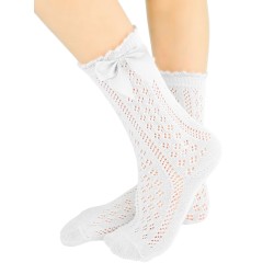 NOVITI Ażurowe podkolanówki z kokardką białe 6-12m.