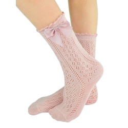NOVITI Ażurowe podkolanówki z kokardką pudrowy róż 6-12m