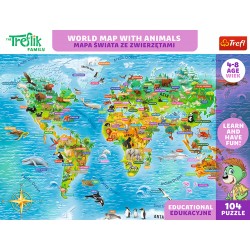 TREFL PUZZLE Edukacyjne 104 Mapa świata ze zwierzętami